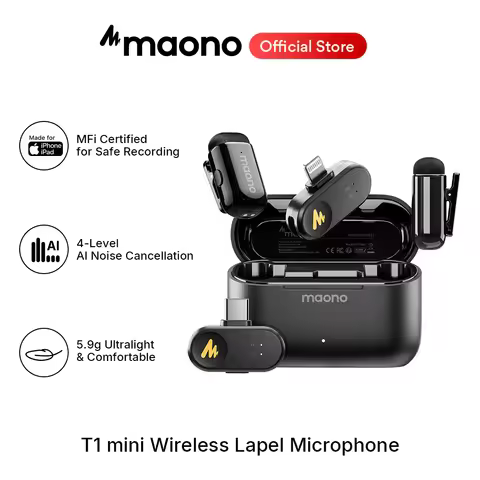 maono T1 mini Wireless Lapel Microphone AI Noise Cancelling App Control Auto Clipping Recording Stre