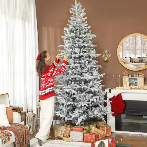 9ft Flocked Christmas Tree, Wide Spruce Xmas Tree, Easy Assembly