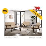 WOODEN SOFA SET 1+2+3 SEATER + COFFEE TABLE Solid Rubberwood + Fabric Cushion [Cream Cushion + Wan