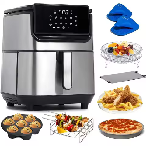 6.8 Quart Air Fryer Ceramic Cooking Basket with Deluxe Accessory Kit and Recipe Book Stainless Steel