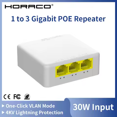 HORACO 4 Port Gigabit POE Extender 100/1000M Network Switch Repeater IEEE802.3af/at Plug&Play for Po