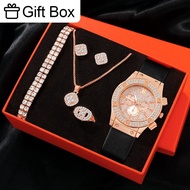 6PCS Set Rose Gold Luxury Watch Women Ring Necklace Earrings Rhinestone Quartz Wristwatch Female Casual Ladies Watches Gift Box HP. SHOP