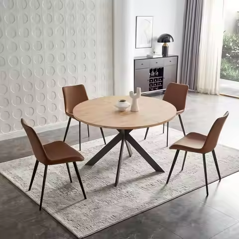 Mid Century 46.4 Round Dining Table Set for 4-6, Steel Leg Design, Space-Saving Option with 4 Brown 