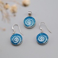 Silver thai silver jewelry set round with shiva eye pendant earring ต่างหูพร้อมจี้รูปวงกลมสีฟ้ารูปก้