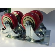 Combo of 4 shopping cart wheels with bearings and locks 100X32MM 100mm high durability plum red PVC 