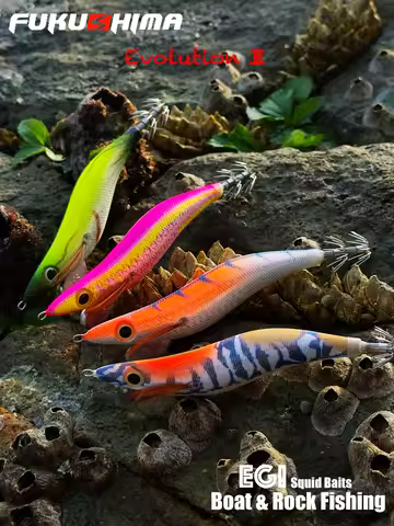 FUKUSHIMAZEECK 3.5 SQUID JIG EVOLUTION EGI LURE FISHING LONG SHOT WOOD SHRIMP BAIT EYES & TAIL GLOW