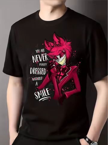 Alastor Hotel Anime T-Shirt Pink Alastor Anime Hotel Logo Graphic Casual Crew Neck Tee with Iconic S