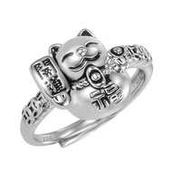 Ingot Lucky Cat Ring Retro Distressed Money More Beckoning Cat Ring Thai Silver Black Luck Cat Ring 