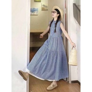 【00118pxjfif64.my】 连衣裙dress天田园风复古格子绑带无袖连衣裙女收腰显瘦中长a字裙The temperament is simple and slim skirt with wa