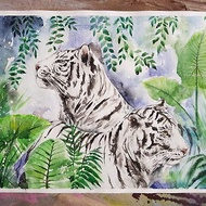 Cute White tigers artwork hand painted Watercolor painting on paper