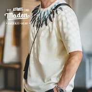MADEN brand Tooling Style Men 2024 Summer New American Retro Indian Feather Print Short Sleeve Boyfr