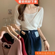 女士上衣设计感假两件收腰短袖针织衫女夏季2025新款修身显瘦短款打底上衣Women's Tops Design Fake Two-Piece Waist-Waisted Short-Sleeved K