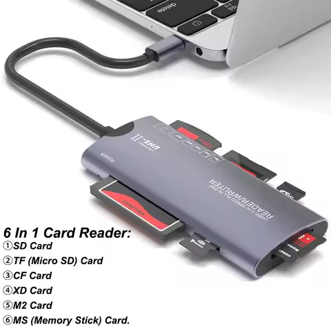6 In 1 USB Type-C Card Reader SD TF CF MS XD M2 Memory Card Reader 480Mbps Adapter for iPhone 15 16 