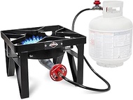 Hike Crew Cast Iron Single-Burner Outdoor Gas Stove | 220,000 BTU Portable Propane-Powered Cooktop | with Blue Flame Air Control Panel, Hose with Adjustable 0-20 PSI Regulator