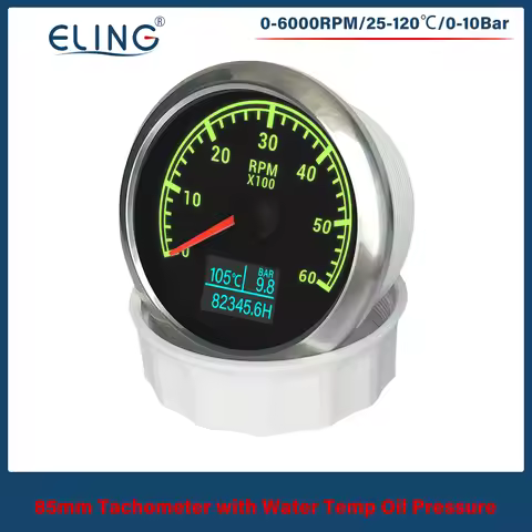 ELING 85mm 3in1 Tachometer 3K 4K 6K 7K 8K RPM with Oil Pressure Hours Water Temp Meter with 7 Colors