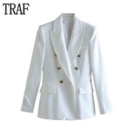 store TRAF White Long Blazer Women Double Breasted Jackets for Women Office Outfits Women s Blazer S