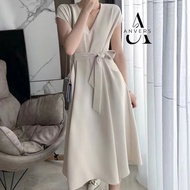 ANVERS | Women Ball Gown European V Neck Plain Belted Pocket Dress DR0003