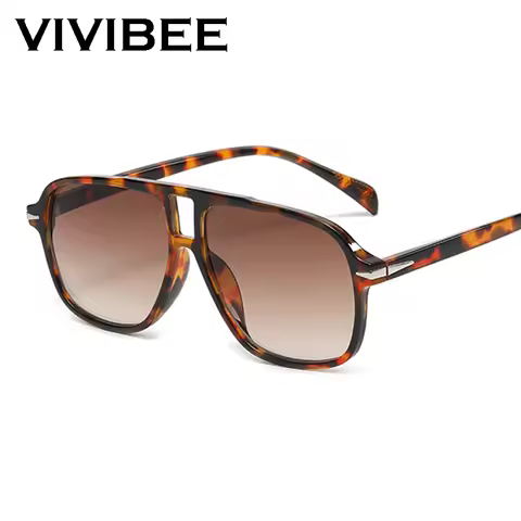 VIVIBEE Retro Aviation Gredient Brown Sunglasses Men Oversized Pilot Rivets UV400 Summer Sun Glasses