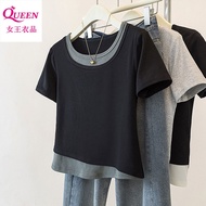 上衣 女 百搭 大碼 顯瘦 Large size women's top 2025 new item 300斤大码女装假两件洋气正肩短袖T恤夏季显瘦遮肉上衣百搭潮 150kg Plus Size Wo