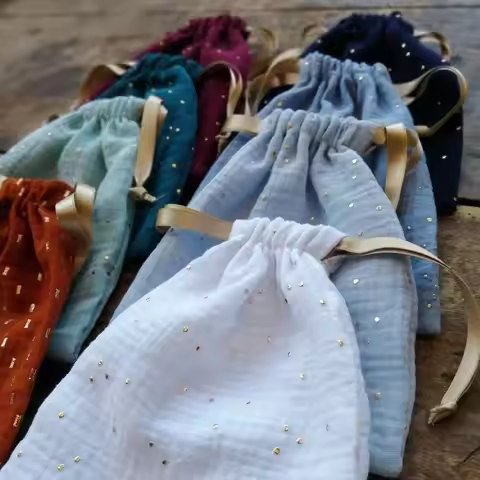 Reusable double cotton gauze fabric pouch bag with gold polka dots gift wrapping gift bag