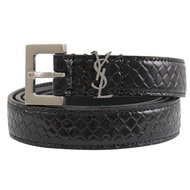 YSL 554465 質感蟒蛇壓紋皮革窄版針扣皮帶.黑銀