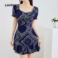Lovito Boho Tribal Print Lace Up Plicated Dress for Women L131ED539