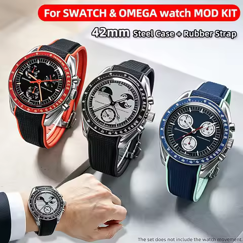 42mm Stainless Steel Moon Watch Case+Rubber Strap Mod Kit for Omega & Swatch MoonSwatch Metal Case W