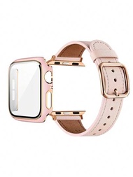 2入組蘋果手錶帶蘋果手錶表帶蘋果手錶保護殼，PC材質硬殼搭配玫瑰金框架和屏幕保護貼，用於保護SE、9、8、7、6、5、4、3、2、1系列智能手錶蘋果手錶帶，配有舒適的皮革蘋果手錶帶，適用於38mm、40mm、41mm、42mm、44mm、45mm尺寸，適用於女性時尚風格替換