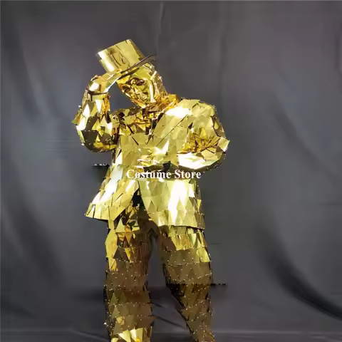 Disco show jacket dj mirror hat outfit Gold color mirror men suit club performance catwalk wears mir