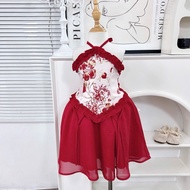 N64 Set áo yếm hoa lưng chun chân váy đỏ cho bé gái mặc trung thu