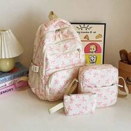 3pcs Nylon Bow Print Backpack Set, Foldable Multi-Po Cket Large CapacityWater-Resistant Zipper Backp