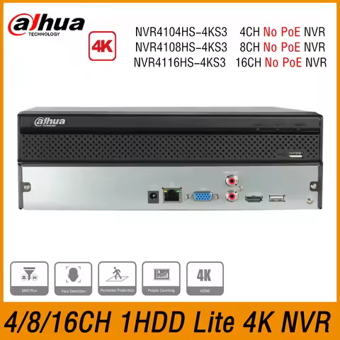 Dahua NVR4104HS-4KS3 NVR4108HS-4KS3 NVR4116HS-4KS3 4/8/16CH P2P Compact 1U 1HDD 4K No PoE AI &H.265 