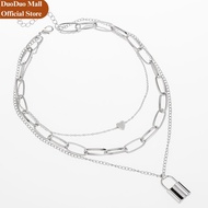 Kalung Rantai 3 Layer Liontin Heart Lock Silver Retro Aksesoris Wanita