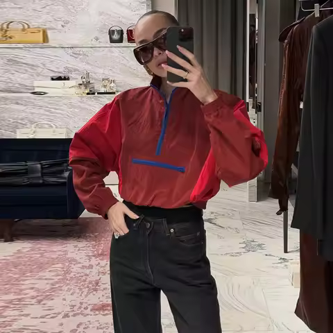 Y2K Vintage Patchwork Cropped Jackets Women Coats Half Zip Contrast Stand Collar Anorak Jacket Stree