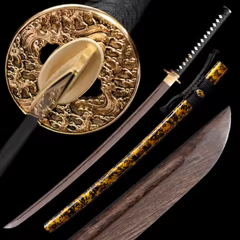 Japanese Samurai Sword Wooden Blade Ready Training Iaito Real Handmade Full Size Golden Ocean Wave K