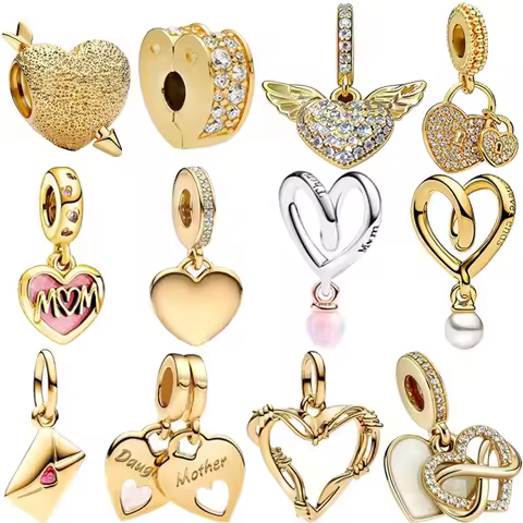 Now Sparkling Gold Heart Shape Envelope Family Multi-Element Charms Bead Pendants Clips Fit Original