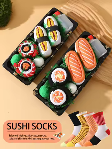 4 pair of mid-calf unisex socks in a salmon sushi design, a novel and creative practical gift that i