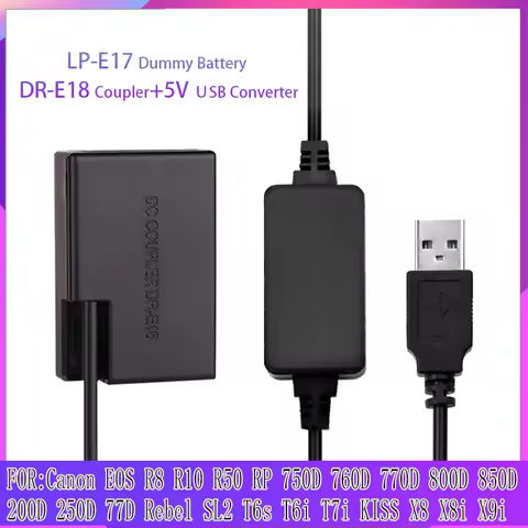USB Dummy Battery LP E17 DR-E18 DC coupler For Canon X8 X8i X9i R8 R10 R50 Kiss 8000D EOS Rebel T6i 
