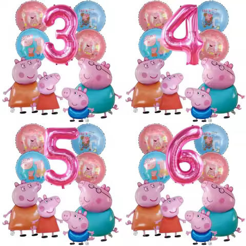 9pcs Peppa Pig Foil Balloon Set Pink Numbers Birthday Party Decoration Cartoon Family Balloons for C