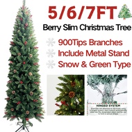 5/6/7FT Slim Christmas Tree with Berry Pine Cone Decor 1100 Branch Tips Hinged Snow Slim Xmas Tree