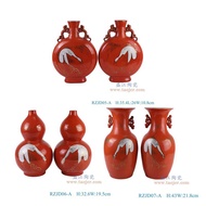 Jingdezhen Antique Red Jasper Gold Outline Ceramics Vase Crane Pattern Flat Sided Vase Double-Gourd Vase Home Collection