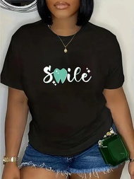 1pc Women'S Smile Graphic T-Shirt- Fun Dental Assistant& Hygienist T-Shirt, Black with Teal Print