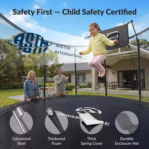 Recreational Outdoor Trampoline,Enclosure Net & Basketball Hoop & LED Lights,for Backyard,8-16FT, Cu