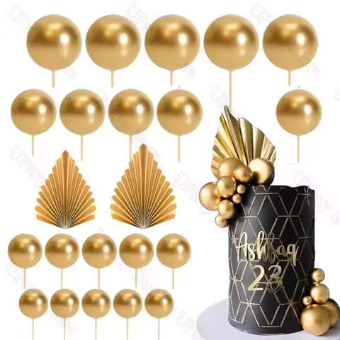 22Pcs Gold Balls Cake Toppers 2-4cm Cake Balls Gold Leaves Cake Decoration for Birthday Wedding Baby