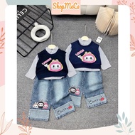 Girls set CS535, Set of 3 pieces: striped shirt, labubu vest with long jeans for girls