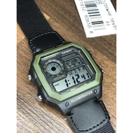 Casio “ Royale “ AE-1200WHB-1B Green Bezel Black Casing Black Nylon Band 10 Yrs Battery Life Digital