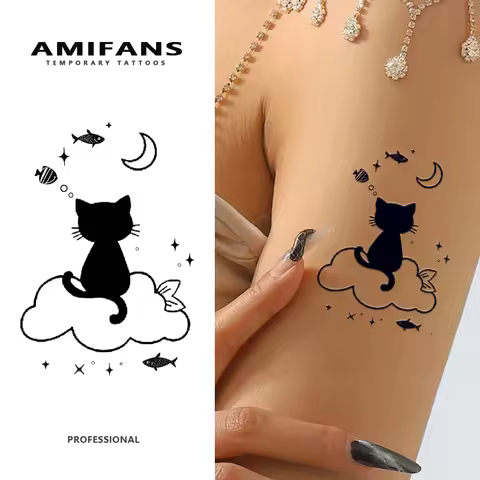 3 Sheets Semi Permanent Tattoo Cat on The Cloud Temporary Tattoo 3.9'' X 2.3'', Lasting 1-2 Weeks Ta