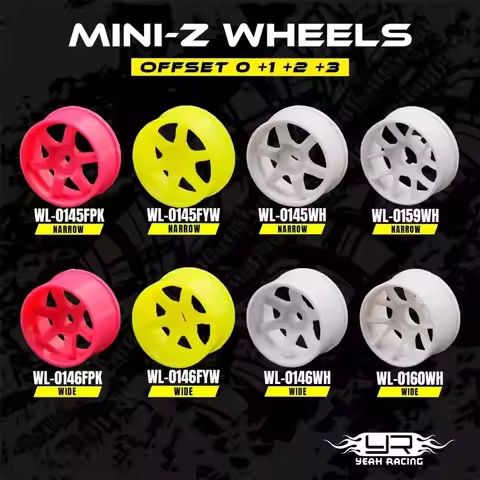 YEAH RACING PLASTIC NARROW RIM SET 8.5MM (OFFSET 0 +1 +2 +3) FLORESCENT YELLOW FOR 1/28 AWD MINI-Z#W