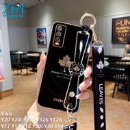 YiaMia Fashion Maple Leaf Phone Case For VIVO Y17 Y15 Y12 1901 1902 Y20 Y20i Y20S Y20A Y12S Y12A V2026 V2027 V2028 Y50 Y30 Y30i Y79 V7 Plus V11 V11 Pro V21E 5G T1 5G Soft TPU Electroplated Phone Case with Wrist Strap and Lanyard
