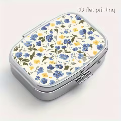 1Pcs Blue and Yellow Floral Print Square Sealed Box, Two-Compartment Sealed Pill Box, Mini Portable 